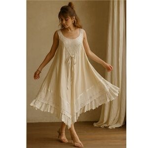 Vintage 70's JOSEFA White Cotton Eyelet Lace Cottagecore A Line Trapeze Dress OS